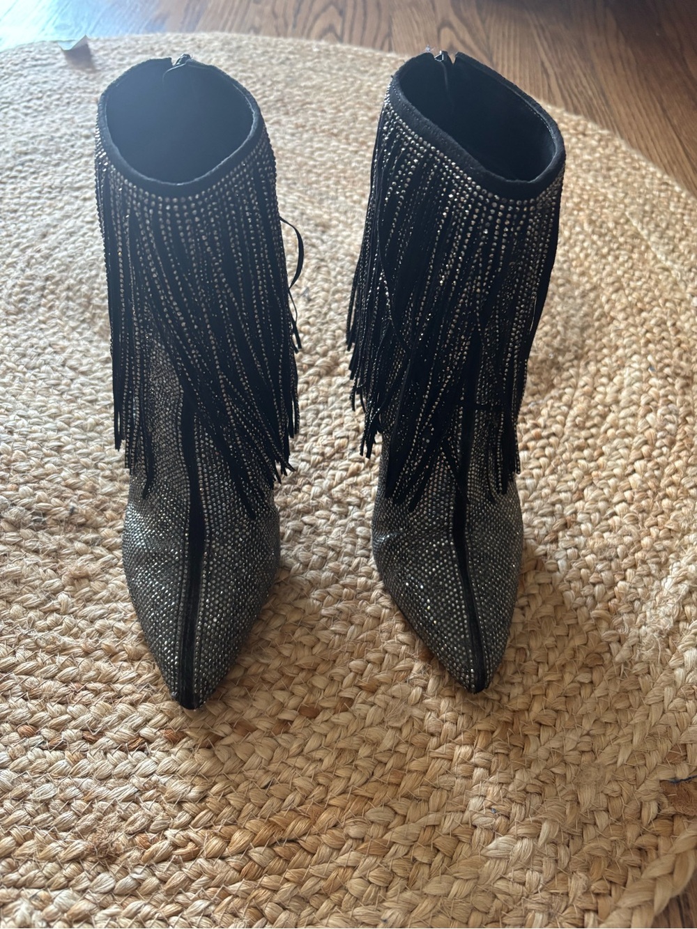 Fringed Rhinestone Ankle Boots - Black